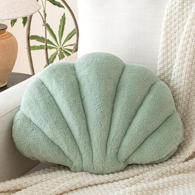 Shell Pillow, Seashell Throw Pillow with Soft Rabbit Plush for Couch Bed, Shell Shaped Decorative Ocean Pillow Stylish Beach Cushion Room Aesthetic Home Decor