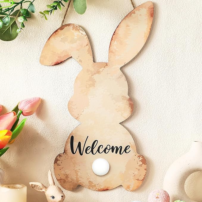 Juexica Easter Bunny Welcome Door Sign Easter Wall Hanging Sign for Front Door Wood Front Porch Decor Wall Pediments