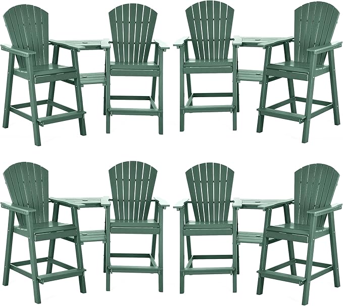 Tall Adirondack Chairs Set of 8, HDPE Balcony Chair with Double Connecting Tray, Weather Resistant Outdoor Adirondack Bar Stools for Patio, Deck, Patio, Backyard, Balcony. (Dark Green)