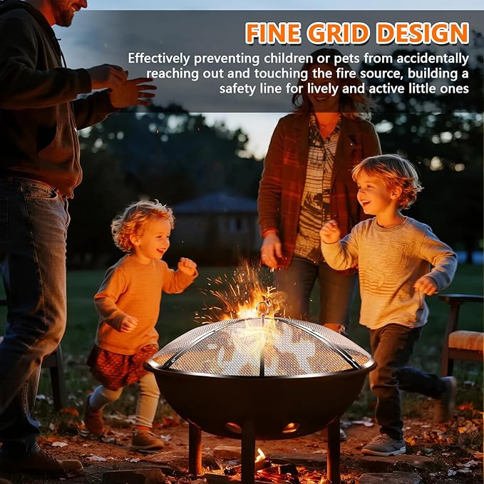 30 Inch Fire Pit Spark Screen,Stainless Steel Fire Pit Screen Cover with Handle&Poker,Outdoor Fire Pit Screen Cover Round Mesh Lid Heavy-Duty for Backyard/Beach/RV Camping