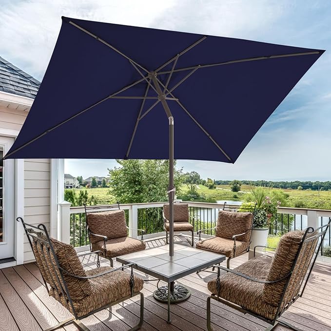 JEAREY 6.5x10 ft Rectangular Patio Umbrellas Outdoor Market Umbrella with Push Button Tilt and Crank, Rectangle Table Umbrellas 6 Sturdy Ribs UV Protection for Pool Garden Backyard Deck, Dark Blue