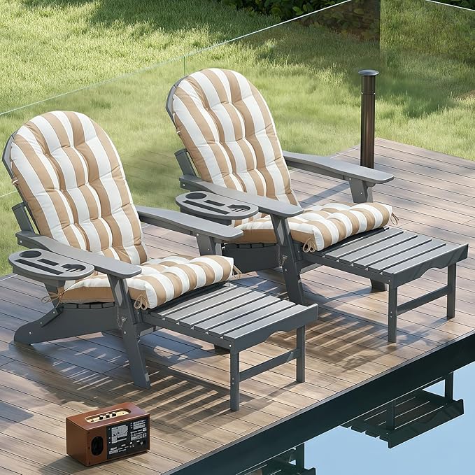 Adirondack Chair Cushion Set of 4, Thickened Patio Chair Cushions with Ties, Waterproof and UV-Protected Rocking Chair Cushion for Indoor and Outdoor, Stripe Khaki.