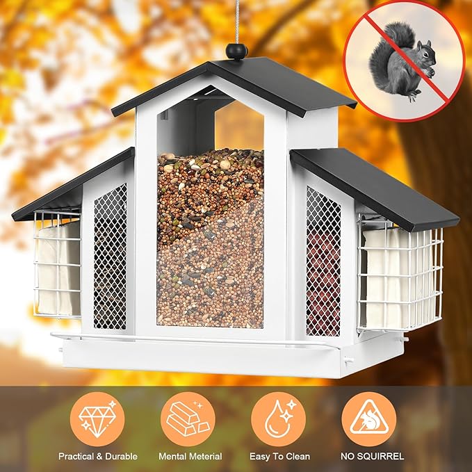 White Metal Bird Feeder Birdhouse, Outdoor Hanging Wild Bird Feeders for Outdoors, Perfect Birdhouses for Outside Bird Lovers