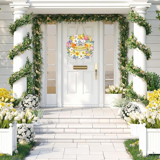Spring Door Sign, 11.5" Flower Welcome Spring Door Hanger Decor for Front Door Rustic Flower Wall Pediments for Spring Easter Party Outdoor Indoor Front Door Decor