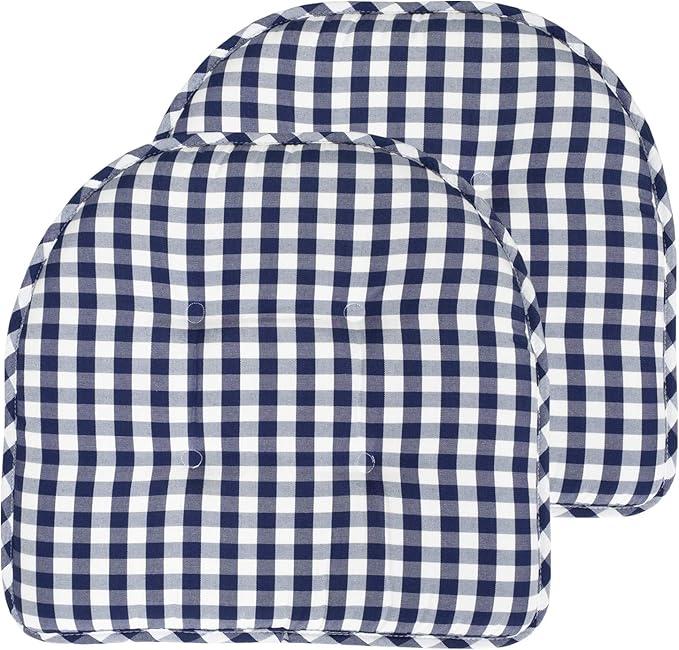 Sweet Home Collection Chair Cushion Memory Foam Pads Tufted Slip Non Skid Rubber Back U-Shaped 17" x 16" Seat Cover, 2 Count (Pack of 1), Checkered Navy/White