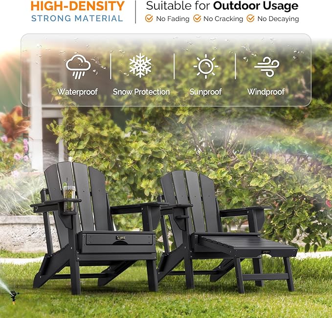 VINGLI Folding Adirondack Chair Set of 2 with Ottoman, Waterproof Plastic HDPE Firepit Chair for Outside with Hidden Footrests, Foldable Ergonomics Seating for Patio Porch Yard Garden(Black)