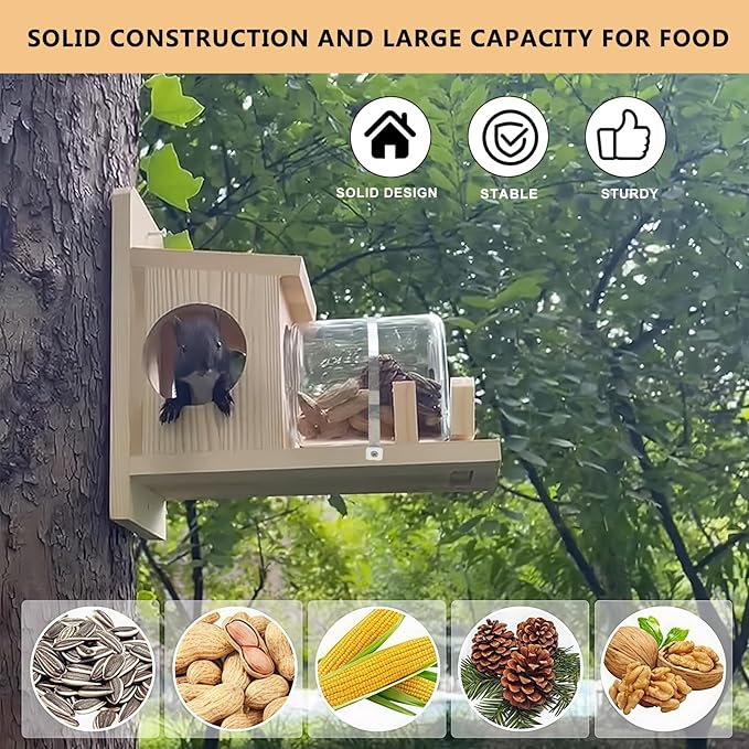 Squirrel Feeder,Wood Squirrel Feeders for Outside,Durable Log Squirrel House with Removable Glass Jar,Chipmunk Feeder Weather-Proof Squirrel Feeders for Outdoors with Corn,Peanut Seed Holder