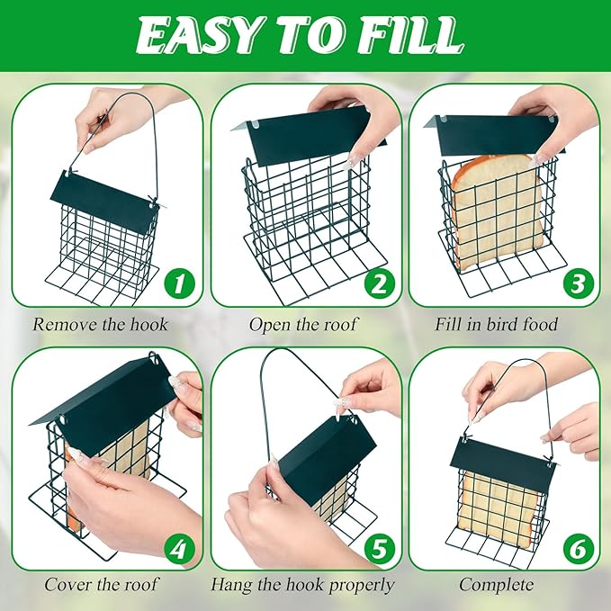Nuogo 4 Pcs Wild Bird Feeder Squirrel Proof Outdoor Hanging Suet Holder with Metal Roof and Platform Outside Cake Suet Feeder Rainproof Cage for Oriole Hummingbird Chickadee Nuthatch(Dark Green)