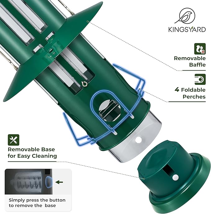 Kingsyard Squirrel Proof Bird Feeder for Outdoors Hanging, Metal Wild Bird Feeders with Removable Base and Baffle, Easy to Clean & Refill, 3 lbs Large Seed Capacity, Dark Green