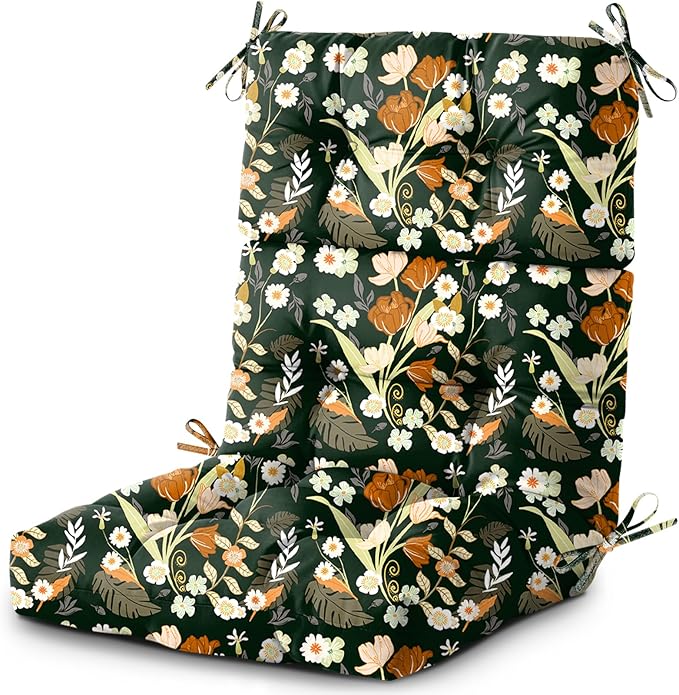Outdoor/Indoor High Back Chair Cushion, Waterproof Outdoor Rocking Chair Cushion with Ties, Tufted Replacement Seat Cushions for Outdoor Furniture, Black Floral