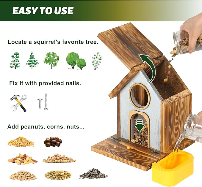 MIXXIDEA Wooden Squirrel Feeder, Large Capacity Squirrels Feeders for Outside, Sturdy Construction, No Assembly Lovely Chipmunk Feeder for Corn, Peanut, Nuts, Chestnuts (XL Size with Water Bowl)