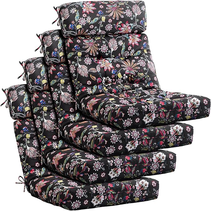 Barydat 4 Pcs Tufted High Back Chair Cushion Indoor Outdoor Seat and Back Cushions Palm Leaves Tropical Plants Lawn Rocking Chair Pads with Ties for Adirondack Patio Garden(Black Flower)