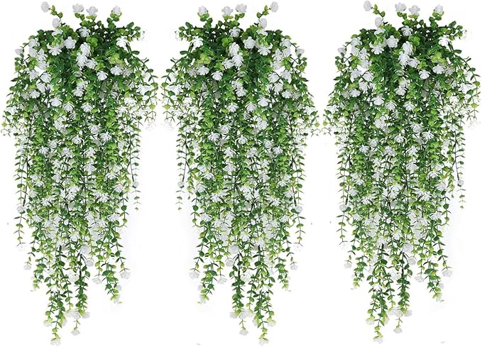 WEISPARK Artificial Hanging Flowers, 9pcs Fake Eucalyptus Vine Faux Flower Greenery Garland Plastic Plants for Indoor Outdoor Wall Garden Wedding Home Party Decor