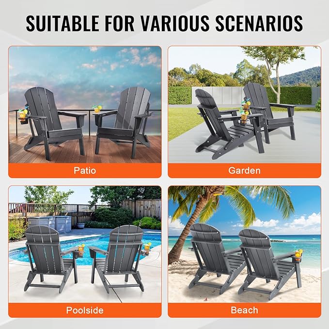 VEVOR Folding Adirondack Chairs Set of 2 with Cup Holder, All-Weather Portable Plastic Fire Pit Chair, Outdoor Adirondack Patio Chair, with Relaxing Arm Rest Ergonomic, for Garden, Backyard, Gray