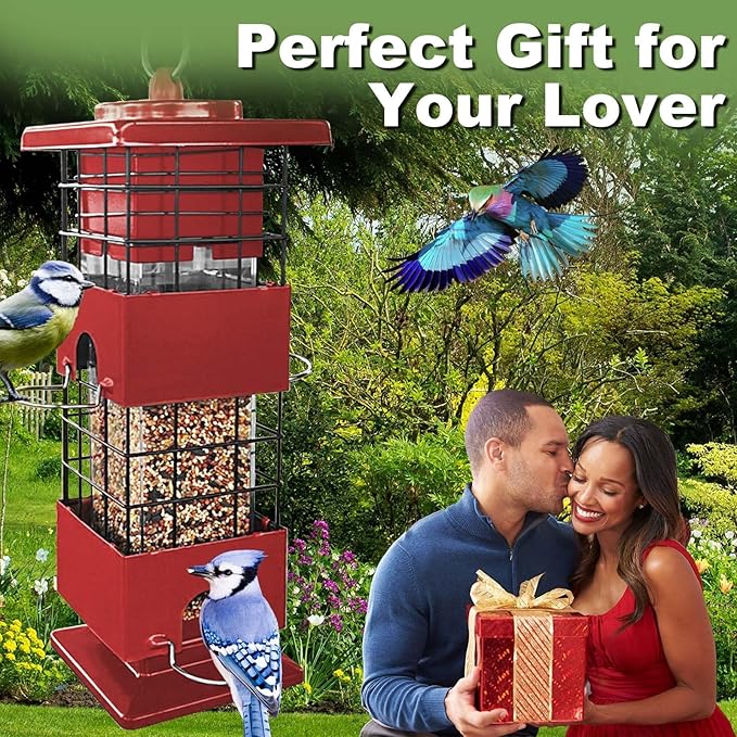 Squirrel Proof Bird Feeder for Outdoors Hanging, 3Lbs Metal Weight-Activated Birdfeeder with 4 Feeding Ports, Wild Birds Seed Feeder for Cardinal, Finch, Sparrow (Red)