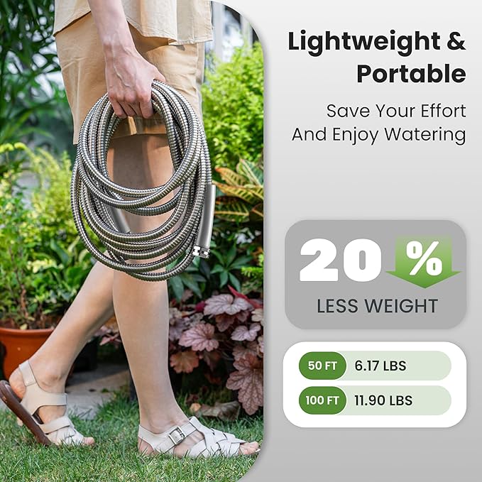 Giraffe Tools Garden Hose 100ft x 3/4", 304 Stainless Steel Metal Water Hose, No Kink Garden Water Hose with 9 Pattern Spray Nozzle, Flexible, Lightweight, Kink Free Hose for Yard, Outdoor