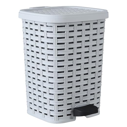 Superio Small Outdoor Trash Can with Lid for Dog Poop 3 Gallon/12 L Mini Plastic Garbage Can with Foot Pedal for Bathroom, Bedroom, Office, Patio, Wicker Smoke
