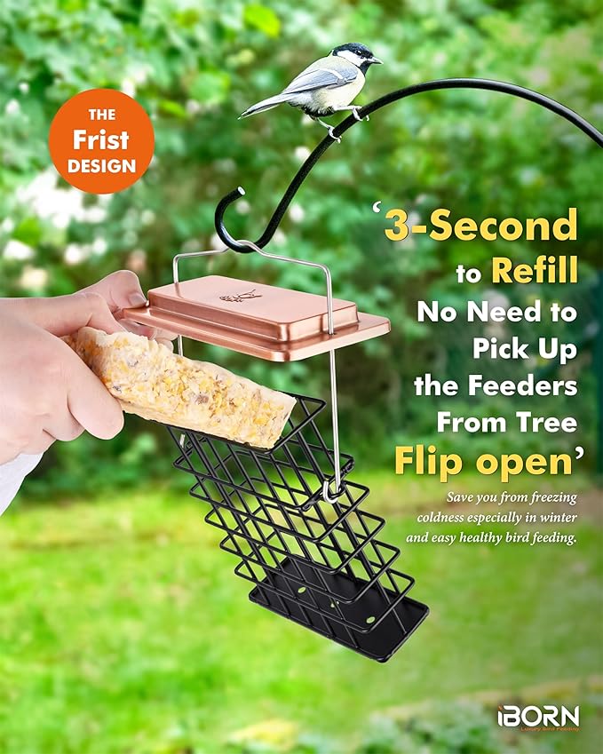 iBorn Suet Feeder Suet Bird Feeders [Single Capacity] for Outside Hanging with Taller Grid for Woodpecker,Metal Brushed Copper（Pack of 1）