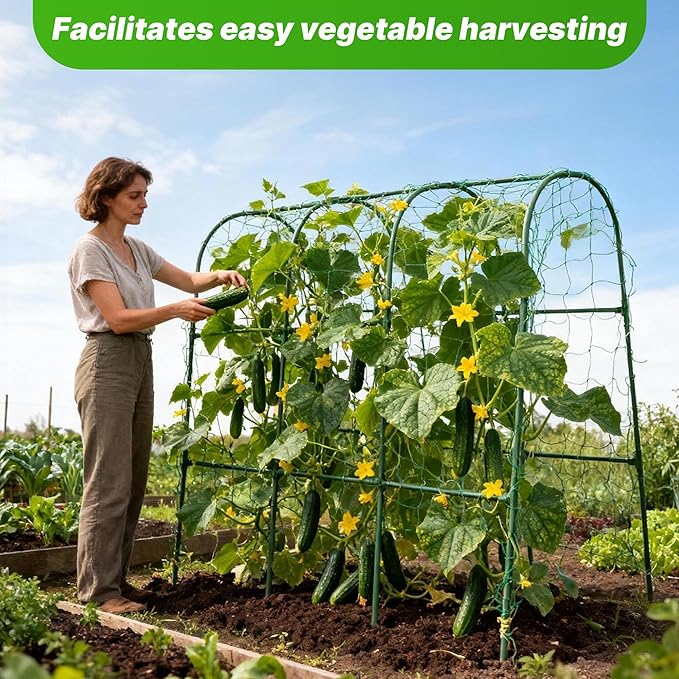 Cucumber Trellis for Raised Garden Bed,U-Shape Plant Support Metel Trellis for Climbing Plants Arch Trellis with Netting for Outdoor Cucumbers, Tomatoes, Vine Climbing Plant(47.2''X32''x47.2''(LxWxH))