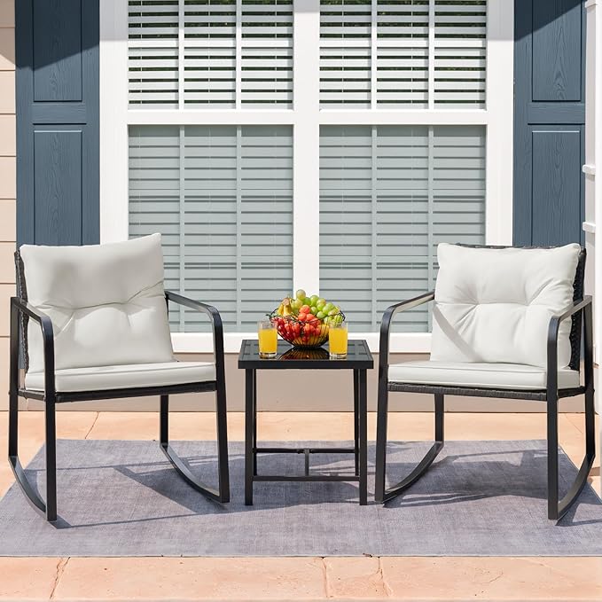 Flamaker Patio Chairs 3 Piece Wicker Rocking Chair Outdoor Bistro Sets with Coffee Table and Cushions Metal Frame Patio Furniture for Porch, Balcony, Lawn (White)