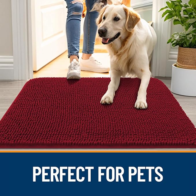 OLANLY Dog Door Mat for Muddy Paws 70x32, Absorbs Moisture and Dirt, Absorbent Non-Slip Washable Doormat, Quick Dry Chenille Mud Mat for Dogs, Entry Indoor Entryway Carpet for Inside Floor, Red
