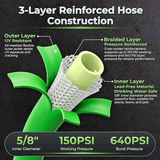 Garden Hose 50 FT with 8-Pattern Spray Nozzle, Flexible Garden Hose 5/8 Inch Food-Grade Rubber Hybrid Water Hose for Outside, Kink-Resistant Outdoor Hose