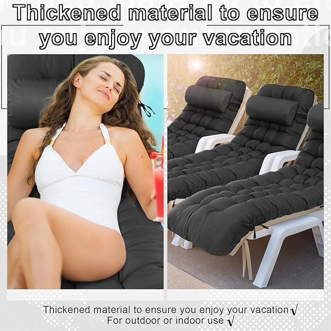 Tudomro 1 Pcs Grey 66'' Outdoor Chaise Lounge Cushion Waterproof Patio Lawn Pool Chaise Lounge Cushion with Headrest Pillow & Ties Weather Fade Resistant Replacement Longue Chair Pad