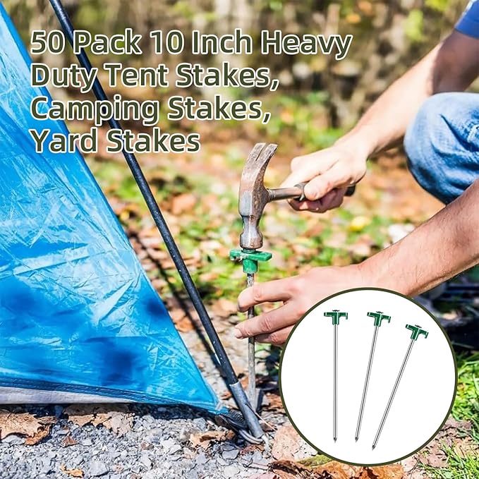 100 Pack Tent Stakes Heavy Duty 10 Inch Camping Stake Yard Stakes Metal Tent Pegs for Ground Stake Spikes for Camping Garden Yard (Green)