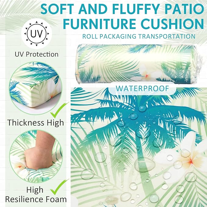 4 Pack Outdoor High Back Chair Cushion, 44 x 20 inches Patio Chair Cushions Waterproof Rocking Cushions Indoor Furniture Seat Pad, Weather Resistant (Palm Tree,Green)