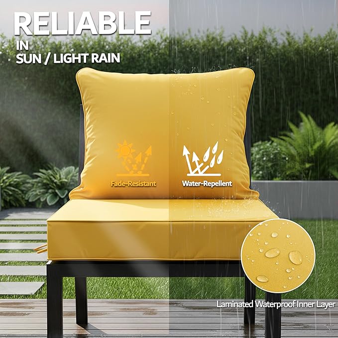 24x24 Inch Outdoor Chair Cushions Set of 2, Patio Furniture Cushions - Removable Cover, Water-Repellent, Fade-Resistant, Non-Slip Bottom & Straps, Replacement for Deep Seat Sofa & Couch - Yellow