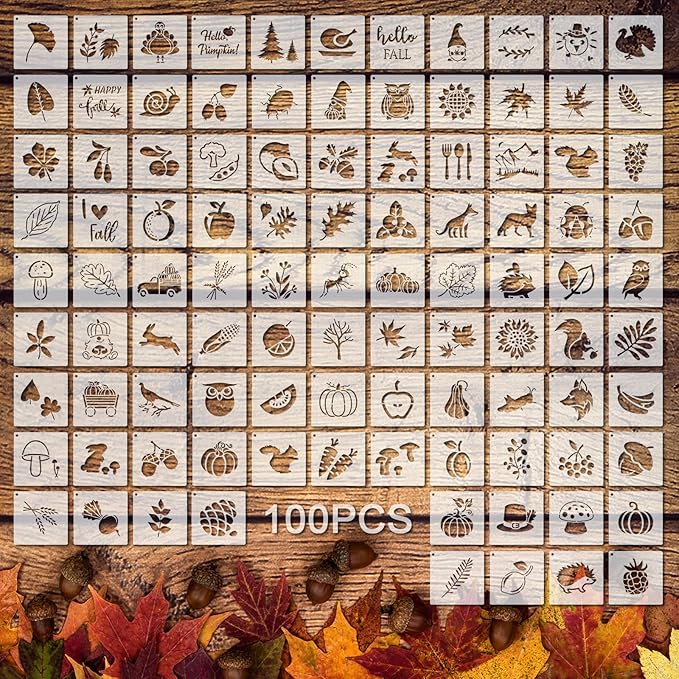 Fainne 100 Pcs 2 Inch Stencils Small Stencils for Painting on Wood Reusable Painting Templates Crafts for DIY Scrapbook, Wood, Wall, Fabric, Rock, Chalkboard, Sign(Maple, Pumpkin)