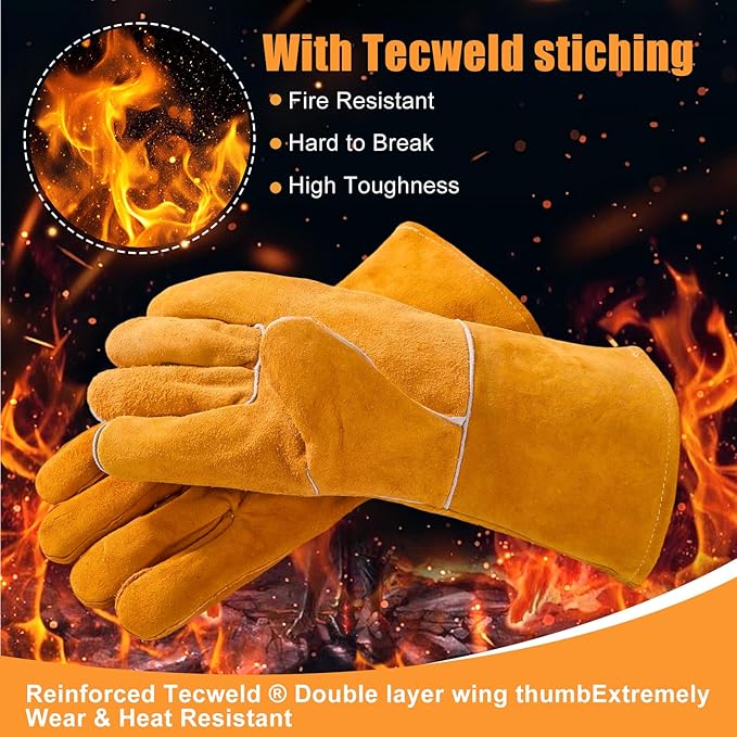 16INCH Welding Gloves 932℉ Fire & Heat Resistant - Premium Leather Forge Gloves for Welder, Blacksmith, Fireplace, Wood Stove, Fire Pit, Grilling, Furnace