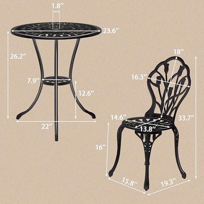 VINGLI 3 PCS Outdoor Bistro Set, Outdoor Patio Set, All-Weather Cast Aluminum Bistro Table Set, Bistro Table and Chairs Set of 2 for Backyard, Garden, Balcony (Black, Tulip)