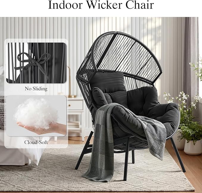 ONBRILL Egg Chair for Outdoor & Indoor, Patio Wicker Chair with Thick Cushion, Oversized Rattan Chairs for Balcony, Porch & Backyard, 550 LBS Heavy Duty & Comfy Basket Chairs for Living Room, Bedroom