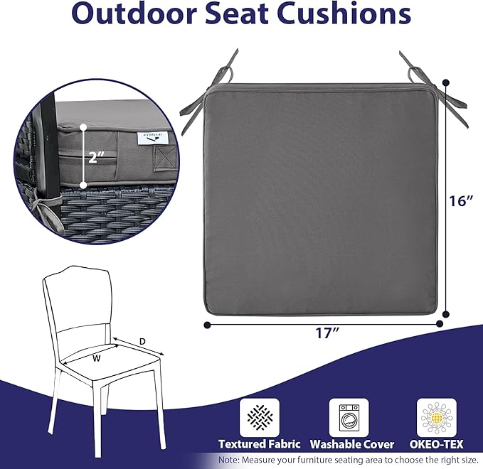 Outdoor Chair Cushions Set of 4,Waterproof Outdoor Seat Cushions for Patio Furniture,Patio Chair Cushion with Handle and Ties, Square Out Door Chair Pads,17" x 16" x 2", Dark Grey
