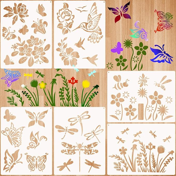 6 Pieces Stencils for Painting on Wood, Reusable Flower Bee Butterfly Painting Stencil Template Bird Bee Drawing Crafts on Wood, Wall, Furniture