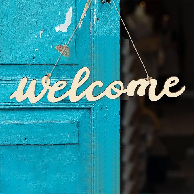 NUOBESTY Wooden Welcome Sign 14.5 Inch Front Door Hanging Plaque with Rope Cursive Wood Letters Home Wall Decor for Porch Entryway Greeting