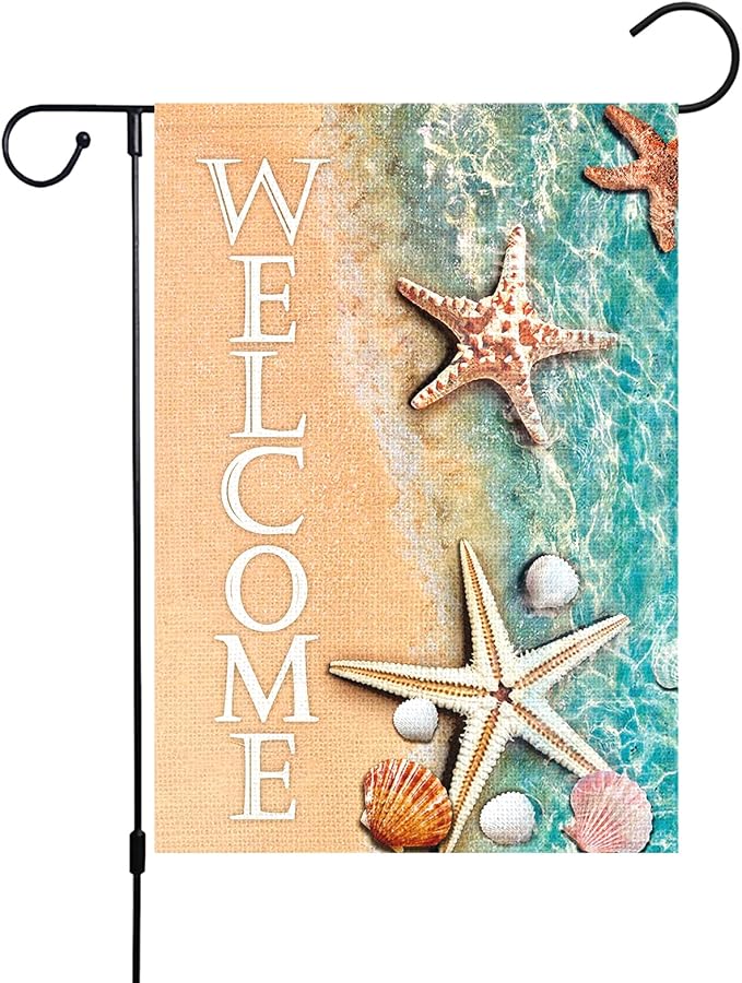 Louise Maelys Welcome Spring Summer Beach Garden Flag for Outside 12x18 Double Sided Vertical, Burlap Small Summer Starfish and Seashell Lake Garden Yard House Flags Seasonal Summer Outdoor Decoration