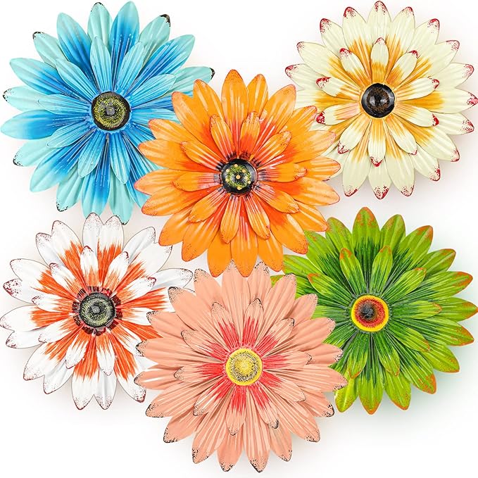 Zhehao 6 Pcs Metal Flower Wall Art Decor 8 Inch Sunflower Wall Decorations Hanging Outdoor Art Multicolored Handmade Metal Flowers Outdoor Decor(Elegant Color)
