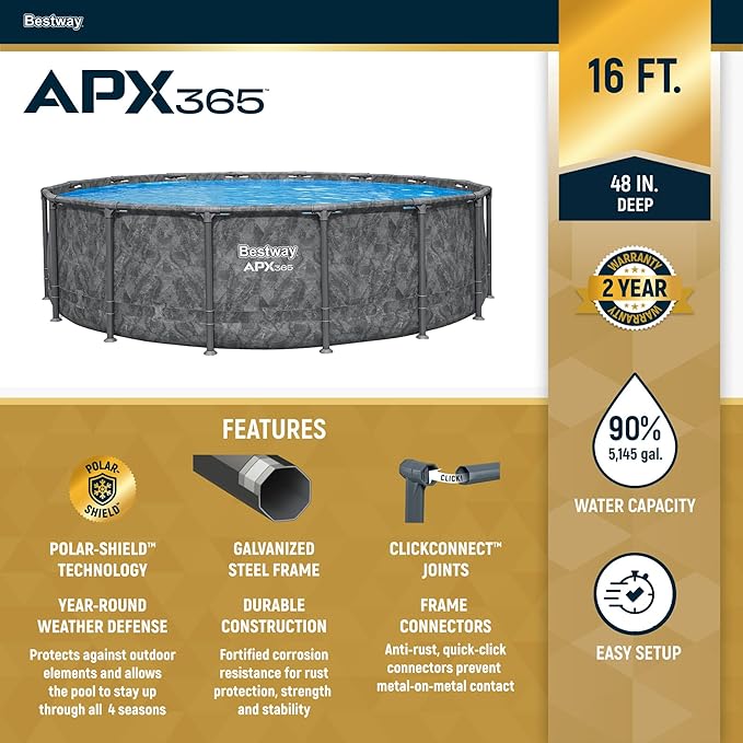 Bestway APX 365 16' x 48" Above Ground Pool, Round Metal Frame Outdoor Swimming Pool Set with Sand Filter Pump, Ladder, and Cover, Dark Marble