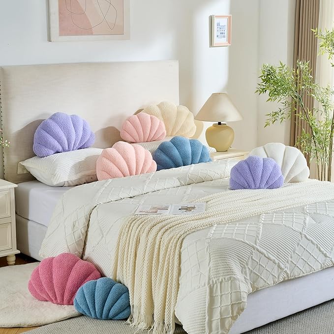 Shell Pillow Seashell Decorative Pillow Ivory White Beachy Coastal Shell Shaped Throw Pillows 13x10 Inch Soft Ocean Beach Sea Shell Plush Pillows Cushion for Bed Couch Living Sofa Room Decor