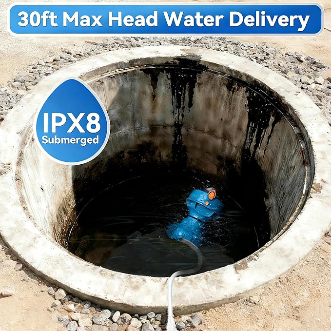 1/4HP Cordless Water Transfer Pump Submersible Water Pump 750GPH 30FT Head IPX8 Included 2x4000mAh 21V Battery and Charger Pool Cover Pump 3/4" Outlet for Pool Pond Garden Bathtub RV Boat