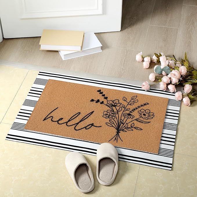 Tinideya 2 Pcs Summer Door Mat Non Slip Wildflower Coastal Hello Sunshine Sweet Home Ocean Pet Welcome Floor Doormat Buffalo Plaid Checked Stripe Mat Seasonal for Front Porch Entryway(Wildflower)