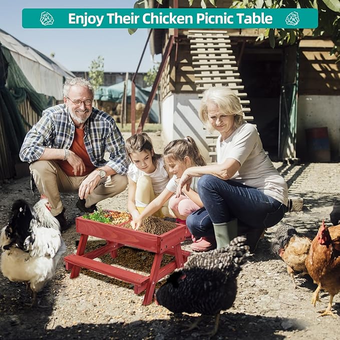 Chicken Picnic Table, Chicken Feeder No Waste Handmade Wooden, Large DIY Chicken Feeder Kit, Wild Bird, Duck & Squirrel Feeders, Mesh Bottom Keep Food Fresh and Dry Easy to Clean and Fill（Red Paint