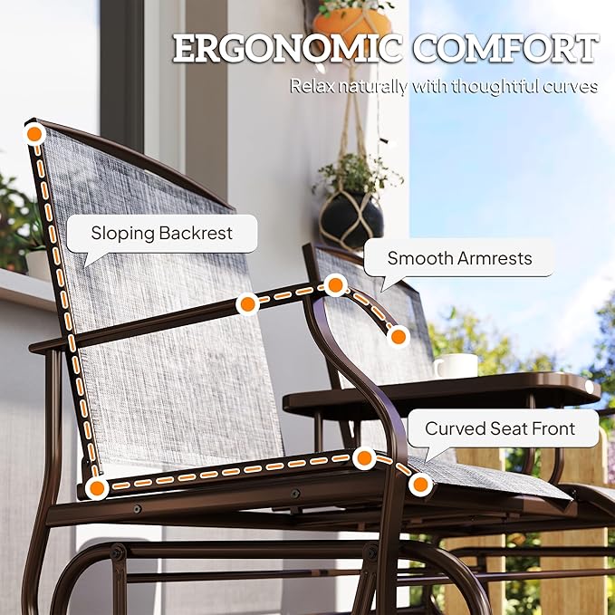 Outsunny Outdoor Glider Bench with Center Table, Metal Frame Patio Loveseat with Breathable Mesh Fabric and Armrests for Backyard Garden Porch, Gray