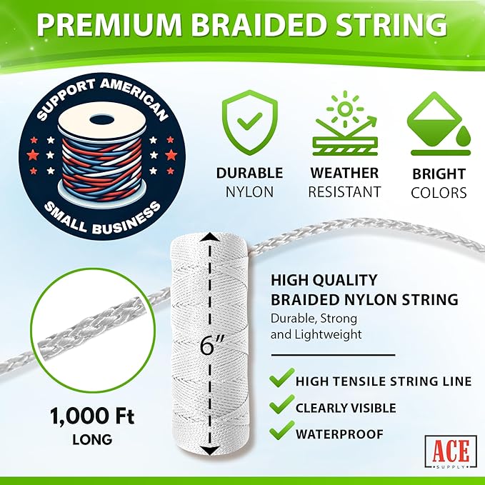 White Mason Line String Line - 36 Roll Pack - #18 Braided Nylon String - 1000 Ft Length Per Roll - Nylon Twine for Gardening Or Masonry Tools - Perfect Construction String for A String Level