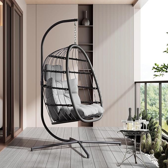 HWB Hanging Egg Chair with Stand, Patio Wicker Egg Swing Chair with Cushion for Bedroom Garden Indoor Outdoor (Grey)