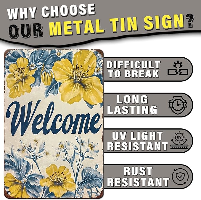Flowers Vintage Tin Sig Welcome Metal Tin Sign Retro Sign for Home Bar Office Outdoor Wall Decor 8x12inch