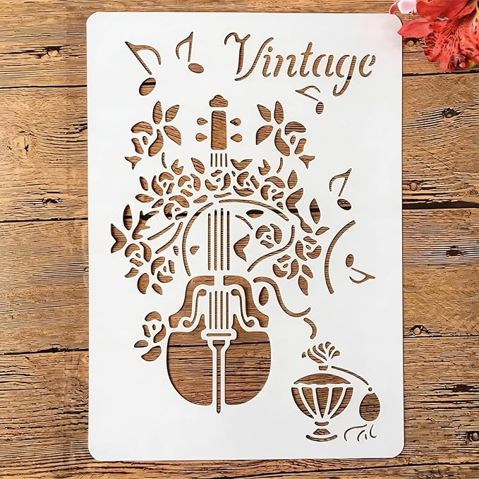 TIAMECH A4 Reusable Violin Stencil for Painting - Vintage Music Instrument Layering Template, DIY Wall Art, Wood Furniture, Scrapbook & Crafts (8.3x11.7inch)