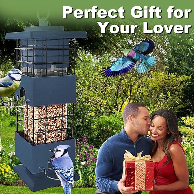 Squirrel Proof Bird Feeder for Outdoors Hanging,3Lbs Metal Birdfeeders Squirrel Proof with 4 Feeding Ports for Outside, Birdseed Feeder for Cardinal, Finch, Sparrow,Bluejay (Blue)